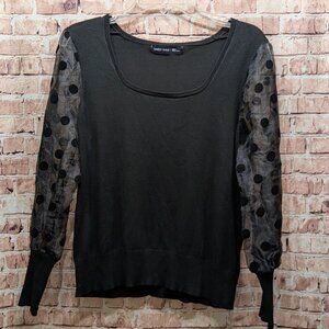 Sweet Halo Black Sweater with Sheer Polka Dot Sleeves Size Small